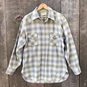 VTG 70s Pendleton High Grade Westernwear Shadow Plaid Wool Pearl Snap Shirt L
